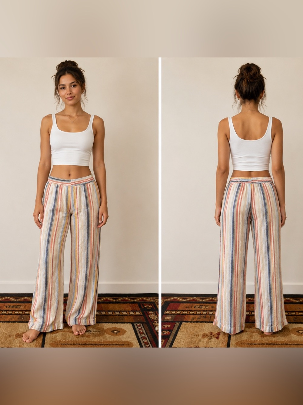 Striped Wide-Leg Lounge Pants in Cream Multicolor